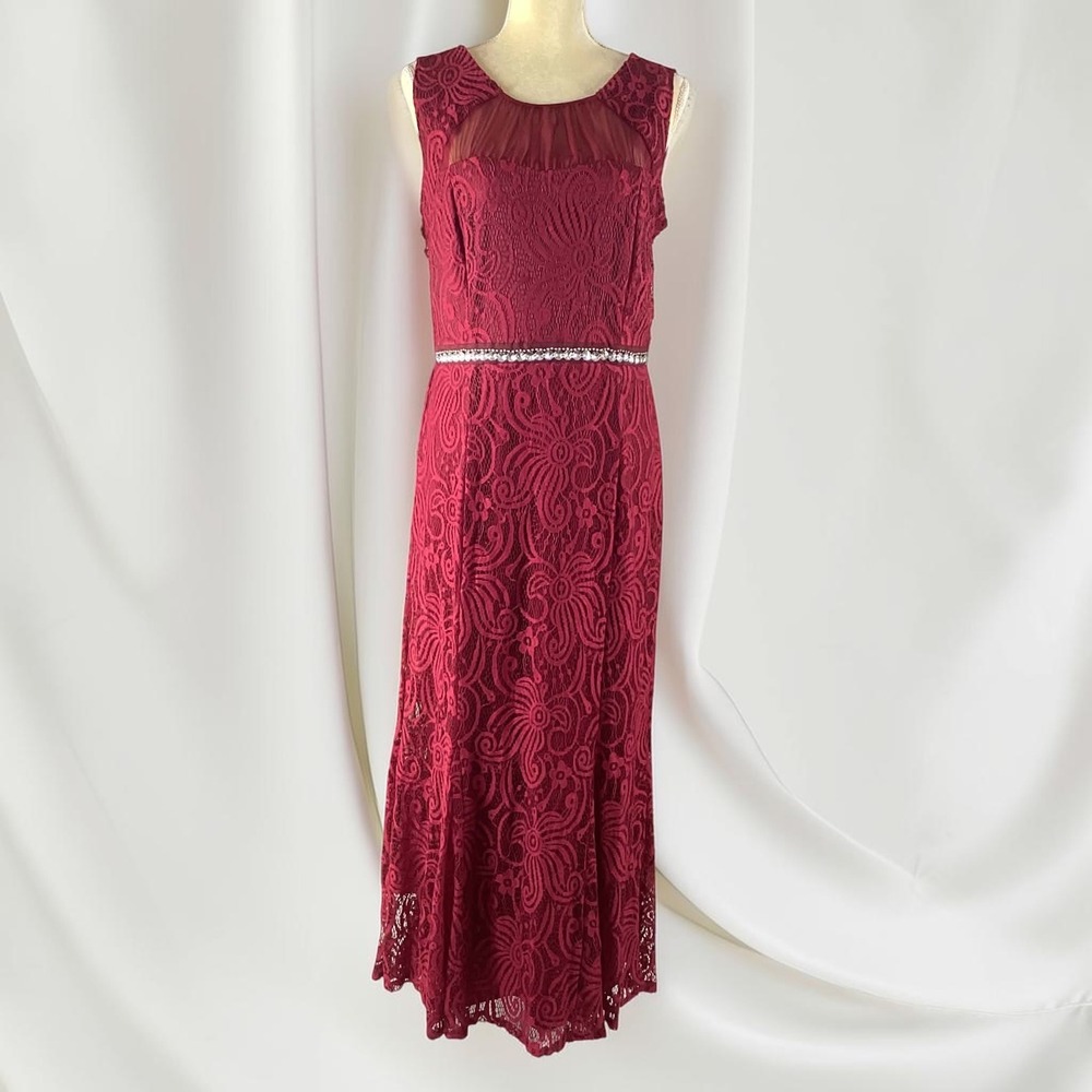 Enfocus Studio Womens Burgundy Lace Rhinestone Mesh Maxi Dress Size 14
